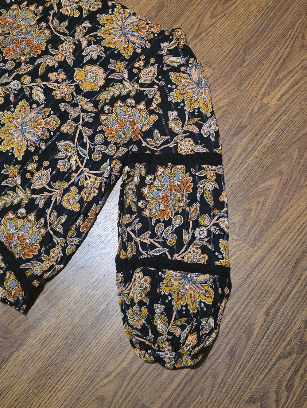 Cleo Petites M Black Gold Floral Boho Peasant Blouse Tassel Tie Long Sleeve Top - Picture 3 of 11